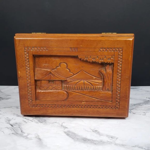 Hand Carved Wood Box Village Scene Vintage - Picture 10 of 13